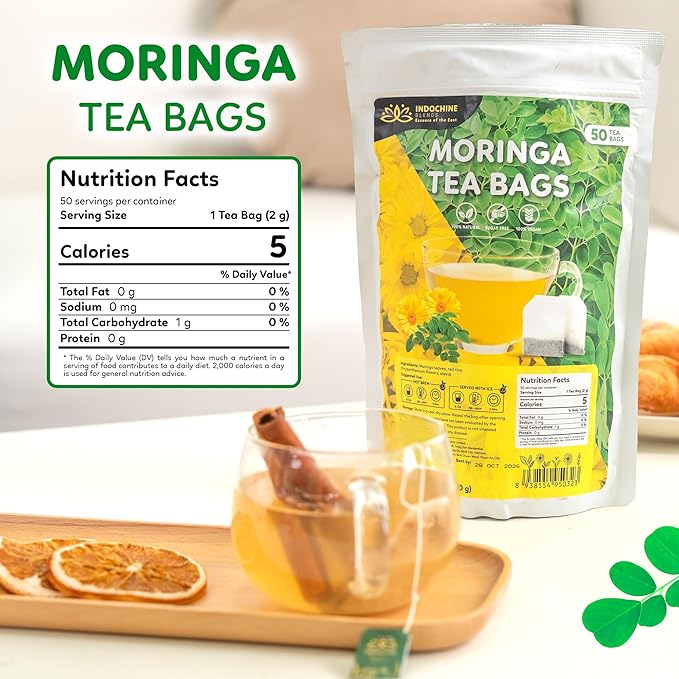 Indochine Blends Moringa Tea Bags | Moringa Leaf, Red Rice, Chrysanthemum & Stevia | Sugar-Free, Caffeine-Free Herbal Tea | Double Chamber, Individually Wrapped Bag | 3.5 oz | 50 Tea Bags - Bloomnest