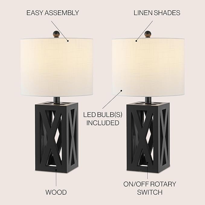 JONATHAN Y JYL1062C-SET2 Stewart 21.5" Wood LED Table Lamp Farmhouse, French Country, Rustic, Bohemian, Bedroom, Living Room, Office, College, Bookcase, Black (Set of 2) - Bloomnest