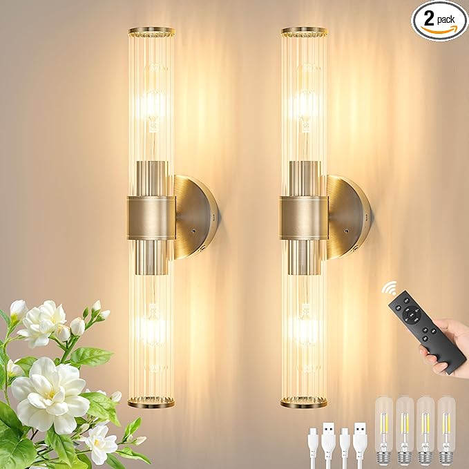 Sand Nickel Battery Operated Wall Sconces Set of Two, Rechargeable Wall Sconce with Dimmable Remote Control, 20 Inch Wireless Sconce Wall Light for Bedroom, Living Room (Bulbs Included) - Bloomnest