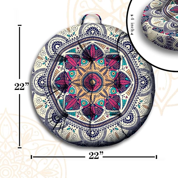 Mandala Meditation Cushion, Boho Meditation Mat, Meditation Pillows for Sitting on Floor, Cushions for Sitting in Home and Outdoor, Round Floor Pillows Cushion Seating for Yoga 22'' X 22'' - Bloomnest