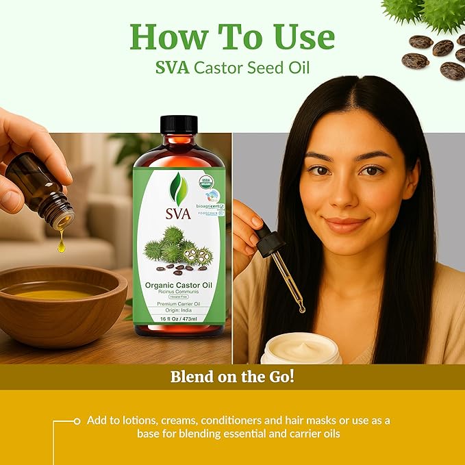 SVA Castor Seed Oil Organic - 16 Fl Oz – 100% Natural Cold Pressed Organic Castor Oil - for Face, Skin Care, Hair Care, Scalp Massage & Body Massage with Pump - Bloomnest