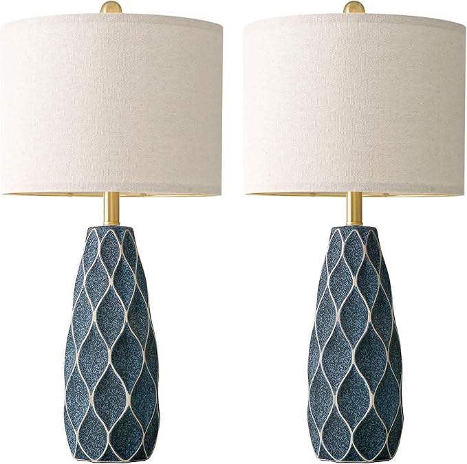 27.5" Ceramic Table Lamps for Living Room Bedroom Lamps Set of 2 Modern Boho Bedside Lamps Night Stands Farmhouse Vintage Large Nightstand Lamp Reading Light Home Office Dorm Desk Deco Gifts, Blue - Bloomnest