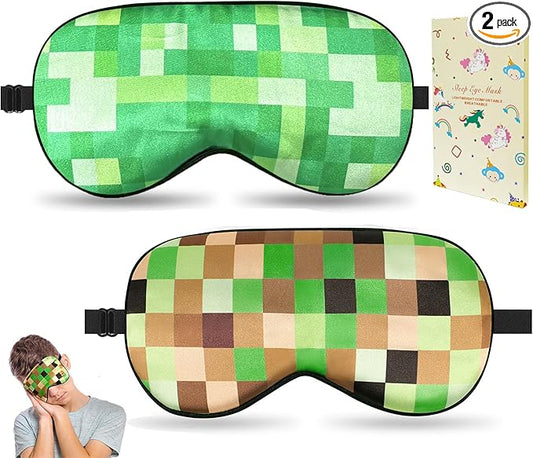 2 Pcs Sleep Mask for Kids Boys, Silk Eye Covers for Sleeping, Adjustable Strap & Light Blocking Design, Teen Children's Bedtime Blindfold for Travel and Home Use with Gift Box (My World) - Bloomnest