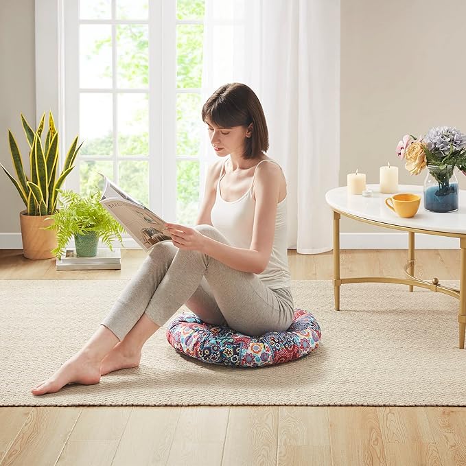 Codi Meditation Floor Pillow Set of 2, Boho Pillows Seating for Adults and Kids, Large Cushion for Yoga Living Room Tatami Sitting, Memory Foam Added, 22x22 Inch, Round Multi Patchwork - Bloomnest