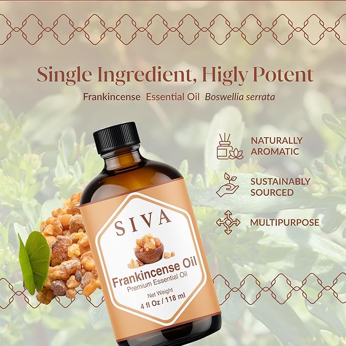Siva Frankincense Essential Oil - 4 Fl Oz – 100% Natural Boswellia Serrata Oil - for Diffuser, Face, Skin Care, Aromatherapy, Hair Care, Scalp and Body Massage - with Dropper - Bloomnest