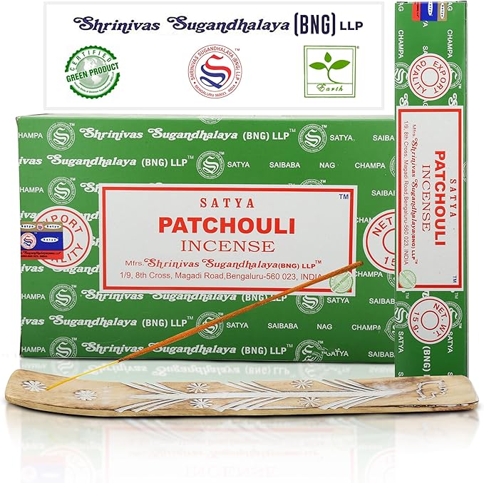 Satya Patchouli Incense Sticks, Satya Bng (Bangalore) Insenses 15gmx12 Pack with Raajsee Incense Holder Bundle, Satya Nagchampa Natural Incense - Bloomnest