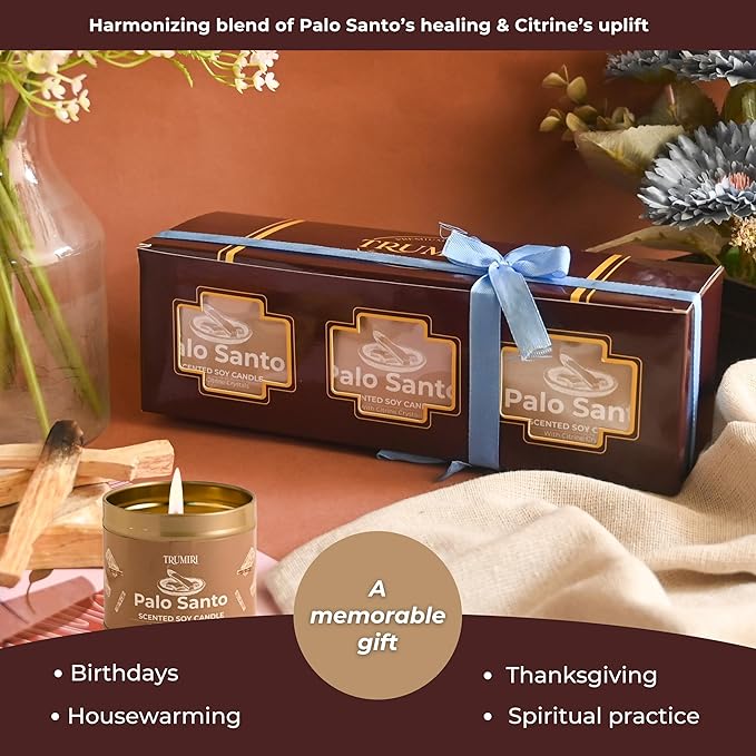 Palo Santo Candle for Home - Highly Scented with Citrine Crystals - Pack of 3 x 5oz Soy Wax Organic Non Toxic for Aromatherapy Relaxation Meditation - Room Decor for Men - Pet Safe Candel TRUMIRI