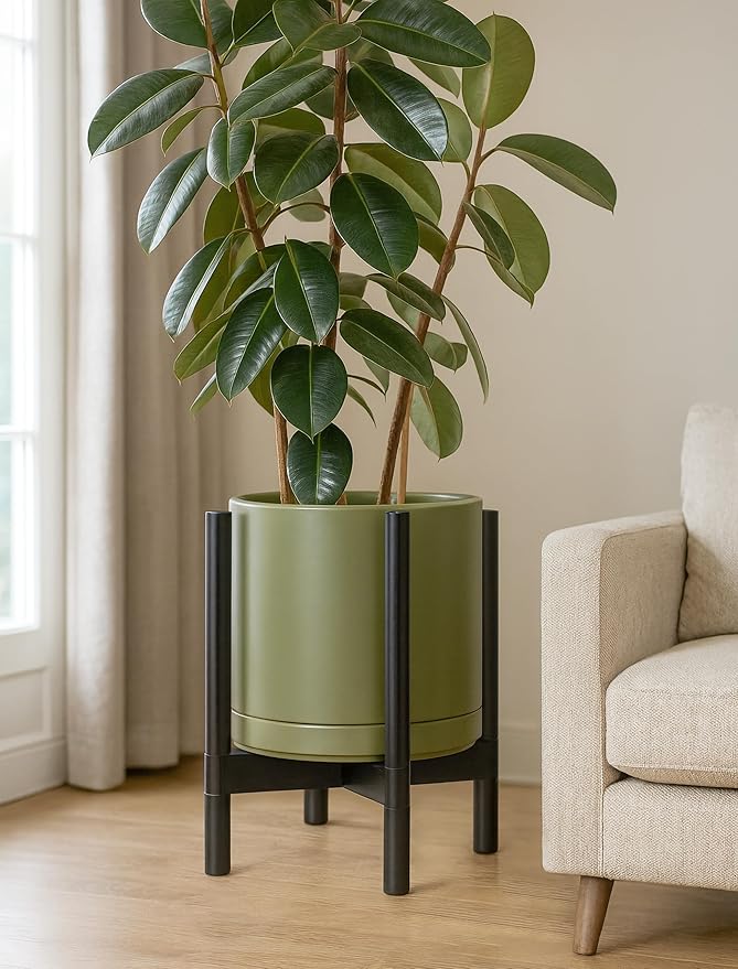 D'vine Dev Ceramic Planter with Ebony Stand - 12 Inch Modern Round Flower Pot with Wood Planter Holder, Olive, 55-B-H-J - Bloomnest