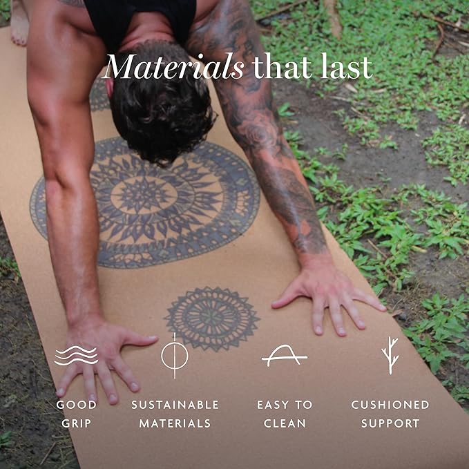 Shakti Warrior Cork Yoga Mat - Artist Designed, Premium Printed Eco-Friendly Non-Slip mat, Great for Regular & Hot Yoga, Pilates, Workouts 72 inch x 24 inch x 3mm Thick - Bloomnest