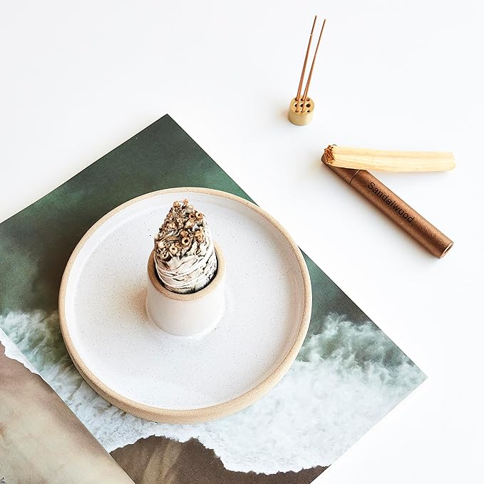 Ceramic Sage Holder for Burning 3 in 1 - Sage Smudge Kit - Incense Holder for Sticks - Palo Santo Holder - White Sage Burner - Altar Supplies Decor - White Sage, Palo Santo, Incense Sticks Included Amarcado
