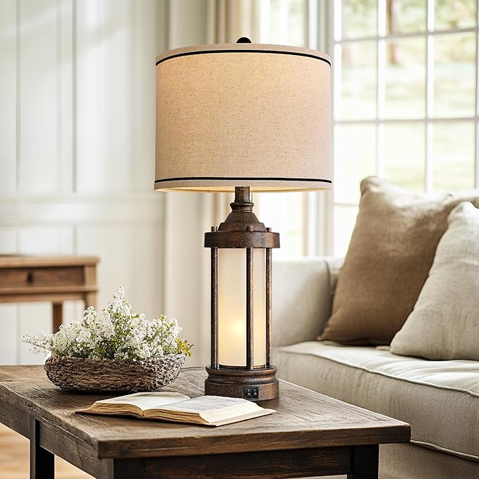 25'' Table Lamp for Living Room Bedroom Farmhouse Metal Lamps with 2 USB Ports, Built-in Frosted Glass Night Light Vintage Industrial Nightstand Bedside End Lamp, 2 Bulbs Included, Bronze - Bloomnest