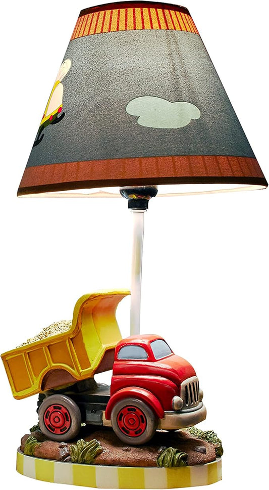 Fantasy Fields Kids Small Table Lamp, Truck Lamp, Car Lamp for Boys Room with Construction Truck Base & Helicopter Printed Shade, Transportation Themed - Bloomnest