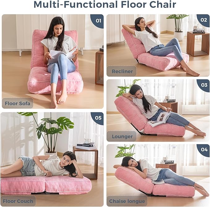 MAXYOYO Adjustable Floor Chair with Back Support, Gaming Chair Floor Meditation Couch with Tufted Cushion, Adults Lounge Folding Sofa Seat for Reading Meditating Sleeping, Pink - Bloomnest