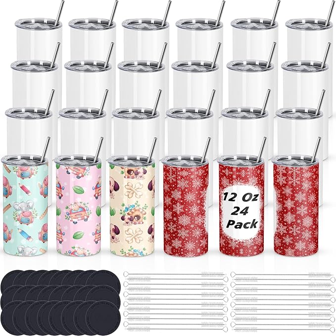 12 Oz Sublimation Tumblers Blanks Bulk, Double Wall Insulated Sublimation Mugs with Straw and Brush, Individually Boxed (24 Pack) - Bloomnest