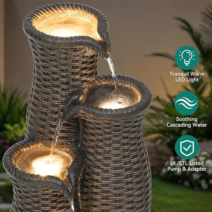 Outdoor Water Fountain with Lights, Faux Rattan Vase Fountain with 5-Tier Waterfall, Polyresin Cascading Waterfall Feature with Tranquil Oasis for Garden, Patio, Yard, or Porch - Bloomnest