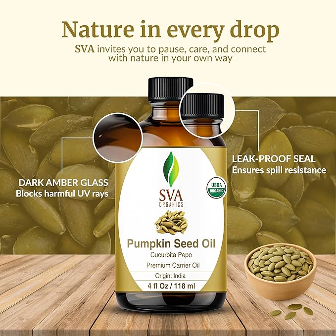SVA Pumpkin Seed Oil Organic - 4 Fl Oz – 100% Natural Cold Pressed Organic Pumpkin oil - for Face, Skin Care, Hair Care, Scalp Massage & Body Massage – Carrier Oil with Dropper - Bloomnest