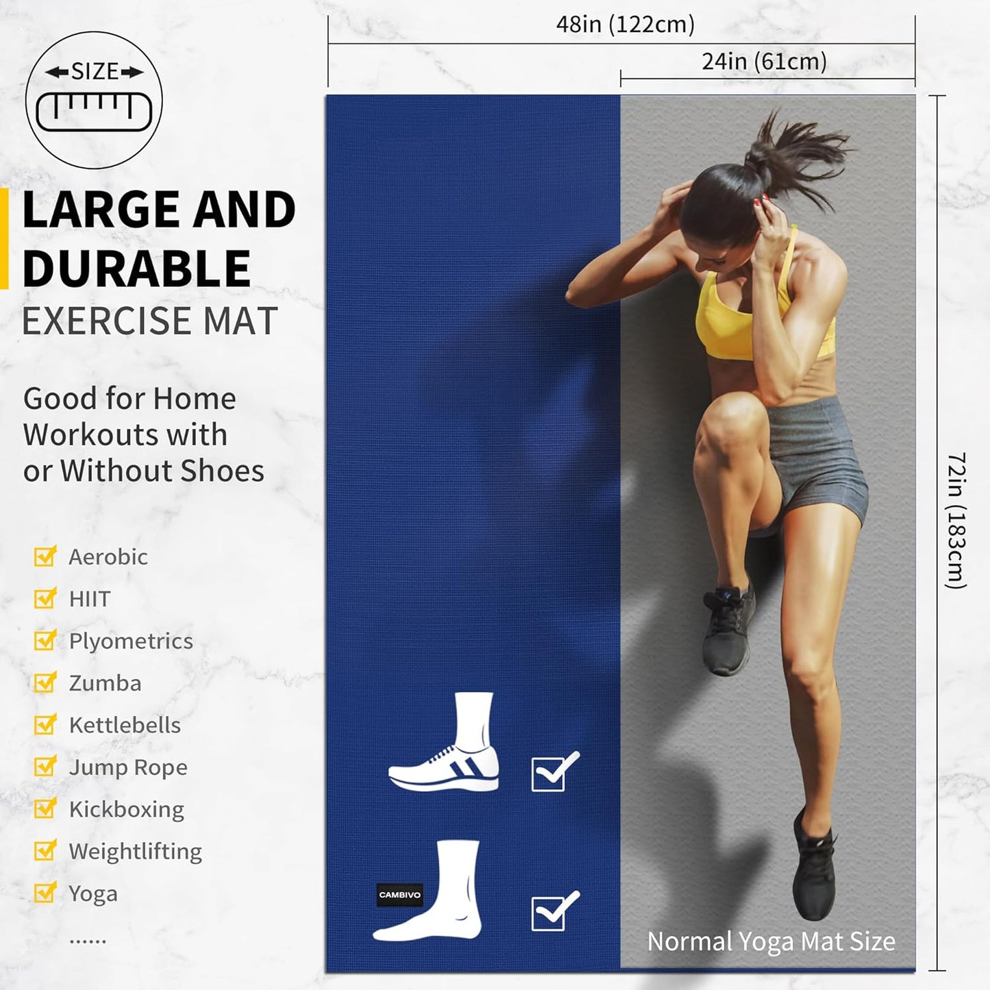 CAMBIVO Large Exercise Mat for Home Workout, 8'x6'/7'x5'/6'x4' (7 mm) Extra Thick Exercise Mat for Home Gym, Shoe-Friendly, Non-Slip Gym Mat for Jump Rope, Weights, Cardio, Fitness