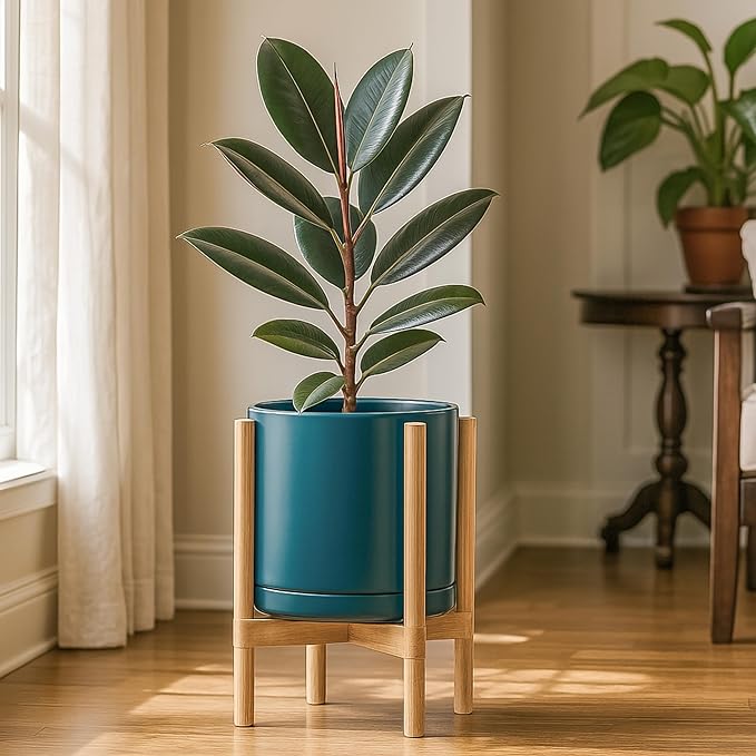 D'vine Dev Ceramic Planter with Natural Stand - 12 Inch Modern Round Flower Pot with Wood Planter Holder, Teal, 55-B-J-4 - Bloomnest