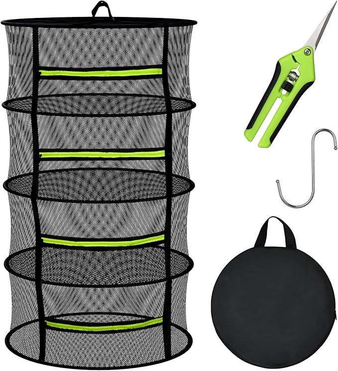 4 Layer Herb Drying Rack Hanging, Plant Drying Rack, Bud Drying Net,Foldable Hanging Dry Rack Net with Green Zipper, Garden Shears & Hooks, for Herbs, Seeds Indoor/Outdoor (23.62") - Bloomnest