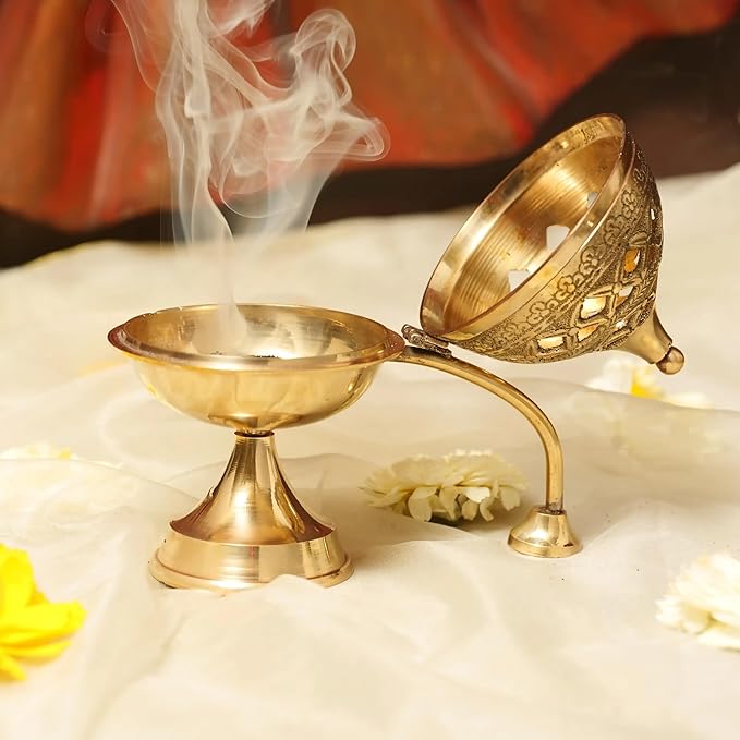 Brass Dhoop Dani with Handle for Puja | Traditional Brass Incense Burner with Dome Lid | Decorative Dhoop Holder for Temple, Home & Spiritual Use | 5 Inch - Bloomnest