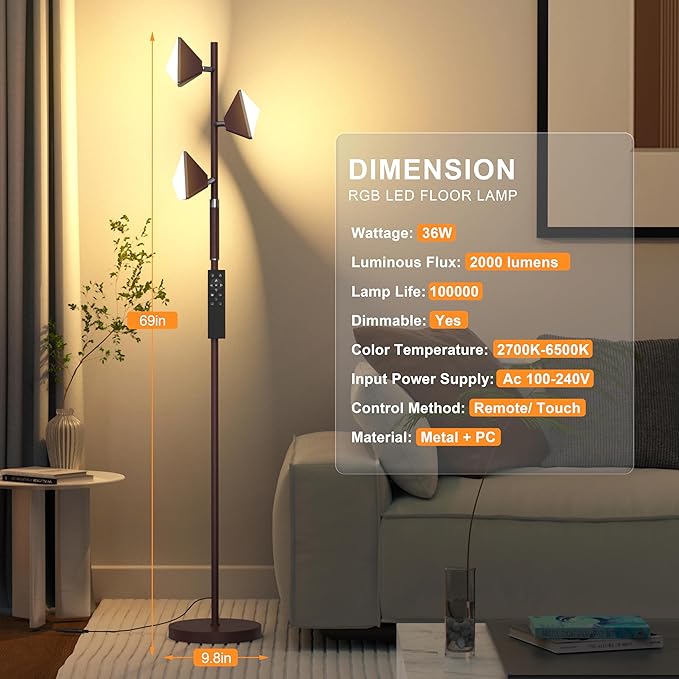 RGB Tree Floor Lamp for Living Room, Stepless Dimmable Tall Standing Lamp with Remote, Touch Control and 3 Rotatable Light, Bright LED Lights for Bedroom with 4 Color-Changing, Oil Rubbed Bronze - Bloomnest