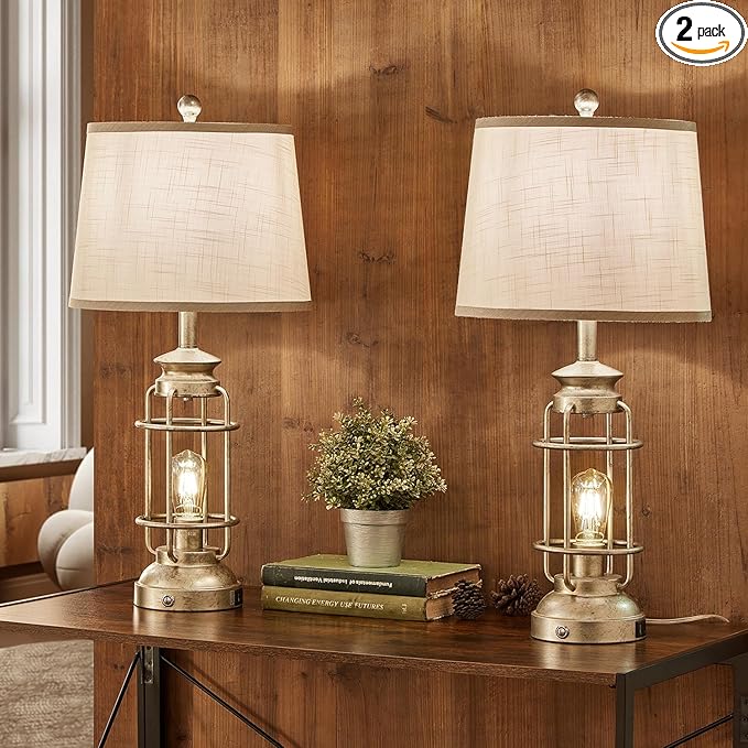 28.5" Retro Industrial Table Lamp for Living Room Bedroom Set of 2 Dimmable Touch Control Bedside Farmhouse Lamps with USB A+C Charging Ports and 2 Light Sources - Bloomnest
