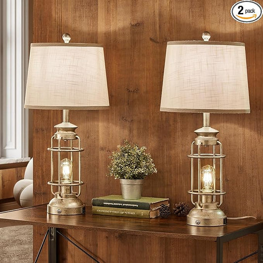 28.5" Retro Industrial Table Lamp for Living Room Bedroom Set of 2 Dimmable Touch Control Bedside Farmhouse Lamps with USB A+C Charging Ports and 2 Light Sources - Bloomnest