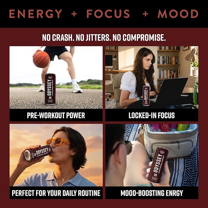 Odyssey Functional Energy Drink for Focus, Cognition & Mood Support 12 Pack - Adaptogenic Drink with 85mg Green Tea Caffeine, Lion’s Mane, Cordyceps, L-Theanine & Ginseng, Sparkling Cola - Bloomnest
