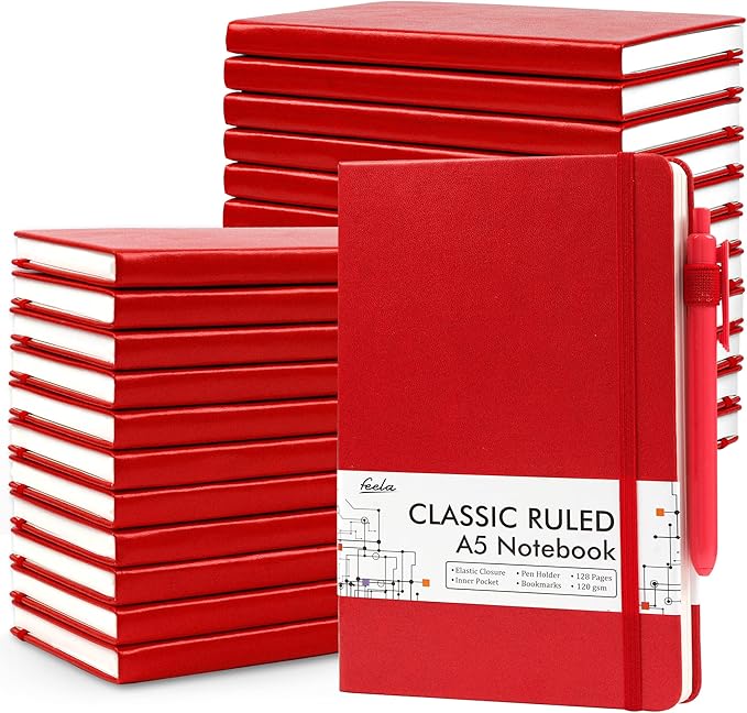 24 Pack Journal Notebook for Work, Feela Business Notebook Bulk Hardcover Lined Writing Journal with Pen Holder for Men Women Note Taking, with 24 Black Pens, 120 GSM, 5.1”x8.3”, A5, Red - Bloomnest