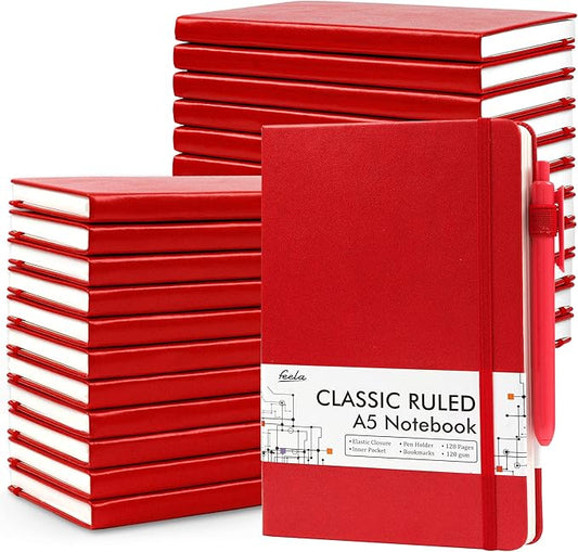 24 Pack Journal Notebook for Work, Feela Business Notebook Bulk Hardcover Lined Writing Journal with Pen Holder for Men Women Note Taking, with 24 Black Pens, 120 GSM, 5.1”x8.3”, A5, Red - Bloomnest
