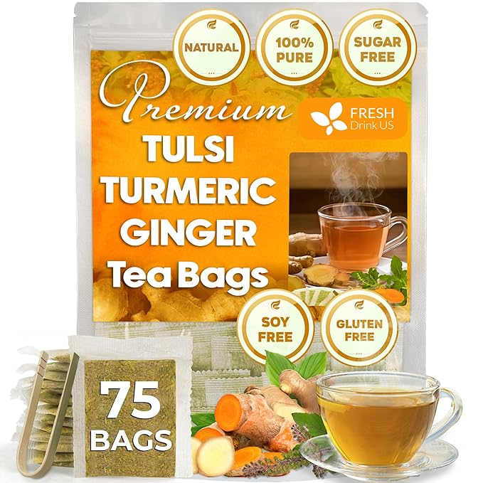FreshDrinkUS, Premium 75 Tulsi Turmeric Ginger Tea Bags, 100% Natural & Pure from Tulsi Holy Basil Leaves, Turmeric and Ginger. Made with Natural Material Tea Bags. No Sugar, No Caffeine, Vegan. - Bloomnest