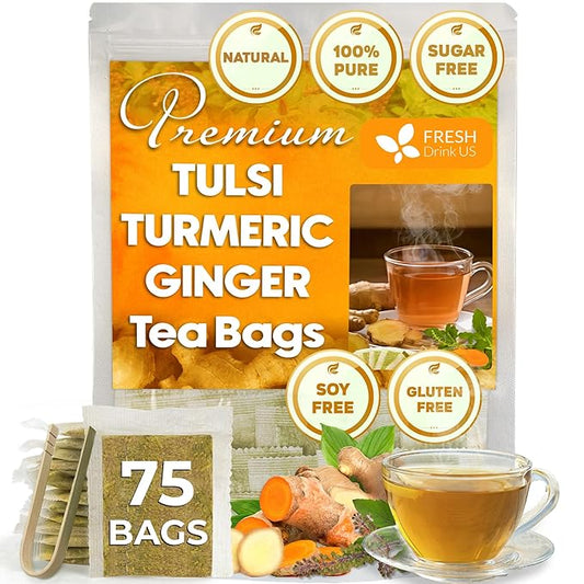 FreshDrinkUS, Premium 75 Tulsi Turmeric Ginger Tea Bags, 100% Natural & Pure from Tulsi Holy Basil Leaves, Turmeric and Ginger. Made with Natural Material Tea Bags. No Sugar, No Caffeine, Vegan. - Bloomnest