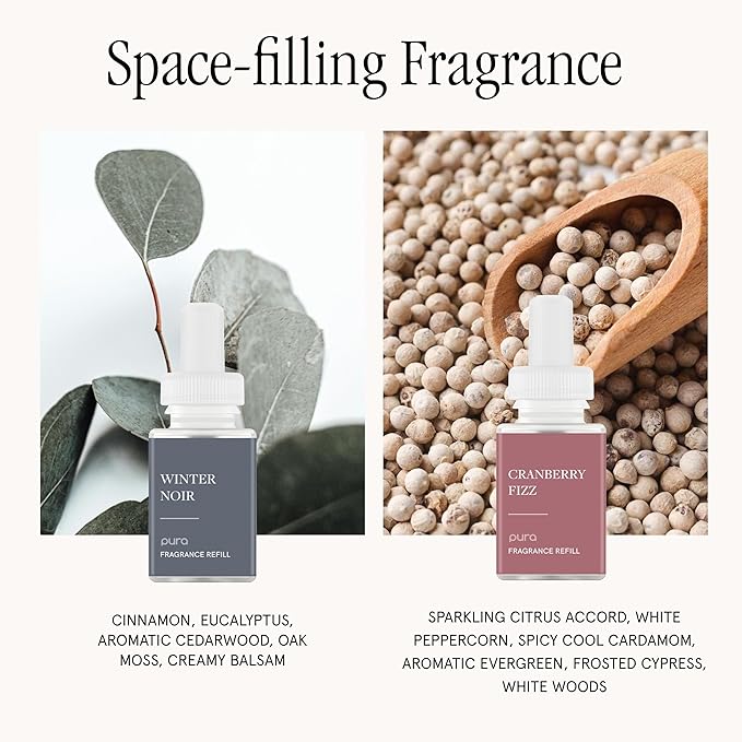 Pura - Smart Home Fragrance Device Starter Set - Pura 4 - Scent Diffuser for Home - Includes Fragrance Aroma Diffuser - Square Box, Winter Noir and Cranberry Fizz Scent Refills - Bloomnest