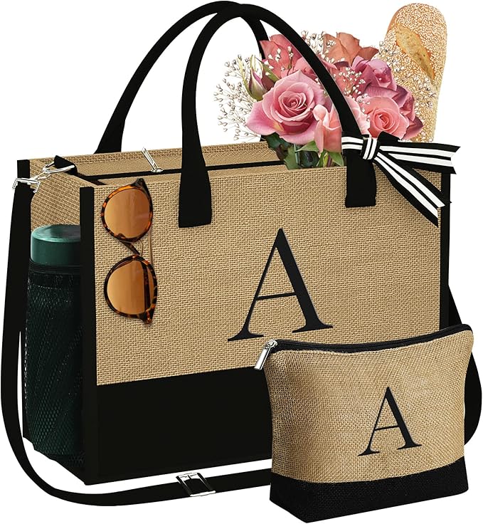 YOOLIFE Valentines Day Gifts for Her - Initial Jute Tote Bag & Makeup Bag, Birthday Gifts for Women Teacher Mom Wife Friend - Bloomnest