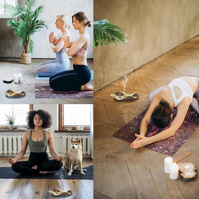 6.7 "Ceramic Incense Burner for Incense/Coil,Wavy Base with Brass -Incense Holder for Sticks,with Ash Catching Bowl for Meditation Yoga and Home Decoration (Gold)