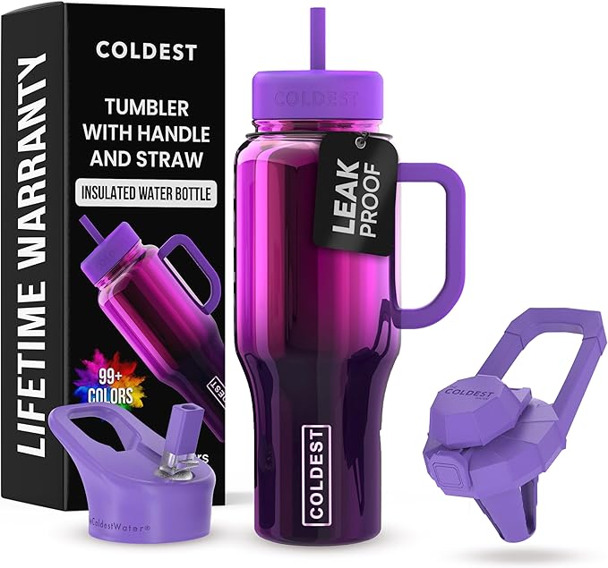 Coldest Tumbler with Handle and Straw - 100% Spill Proof Tumbler with Straw (3 Lids) - Stainless Steel Insulated Leakproof Tumblers for Women & Men - Cup Holder Friendly - 36 oz (Purple Nova) - Bloomnest