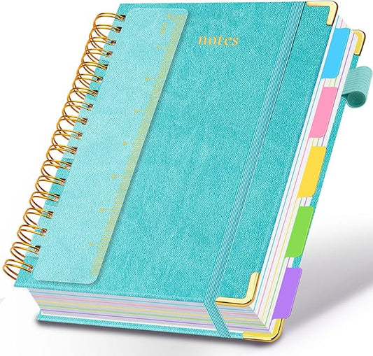 Hardcover Spiral Notebook 6.2"x 8.2" Journal Notebook with Tabs and Removable Dividers 300 Pages 5 Subject Notebook College Ruled, Faux Leather Spiral Bound Notebook for Women School Work (Blue) - Bloomnest