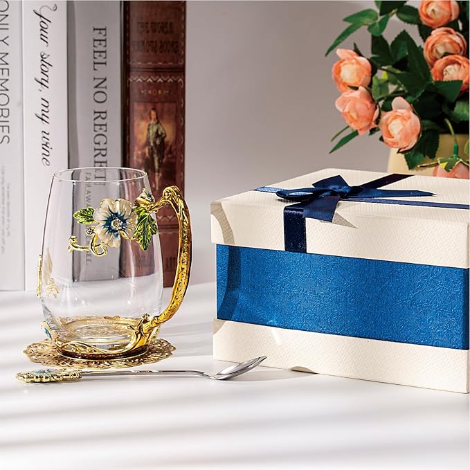Flower Tea Cup,Butterfly Daisy Glass Fancy Coffee Mug with Spoon,Gift Box for Her Mom Wife Grandma Girls Friends Valentines Christmas Birthday Present Idea for Juice,Hot/Cold Drinks Use - Bloomnest