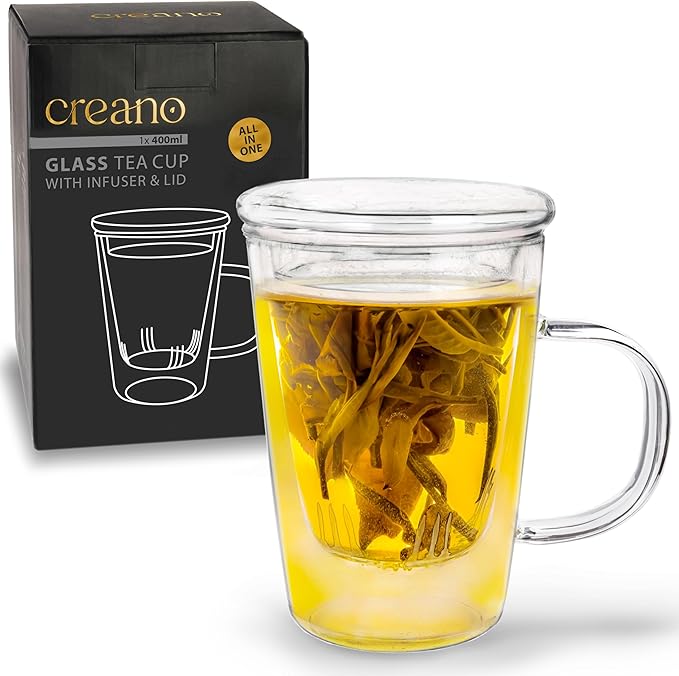 Creano Tea Glass 400 ml – Large Tea Cup with Strainer and Glass Lid – An ideal Tea Maker - Bloomnest