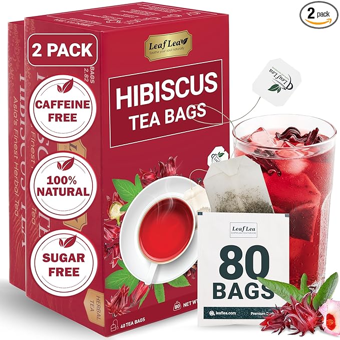 LeafLea 80 Hibiscus Tea Bags, 100% Natural Hibiscus Flowers, Caffeine-Free Herbal Tea, Red Hibiscus Flower Tea Bags, Te de Hibisco Natural, Sugar-Free, Non-GMO, Gluten-Free, Vegan (Pack of 2) - Bloomnest