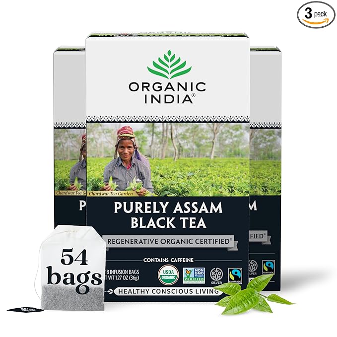Organic India Purely Assam Black Tea - Caffeinated Herbal Tea Bags with Natural Assam Leaves, Enjoy with Milk & Sweetener, USDA Organic, Non-GMO, Fairtrade Certified - 18 Bags (Pack of 3) - Bloomnest