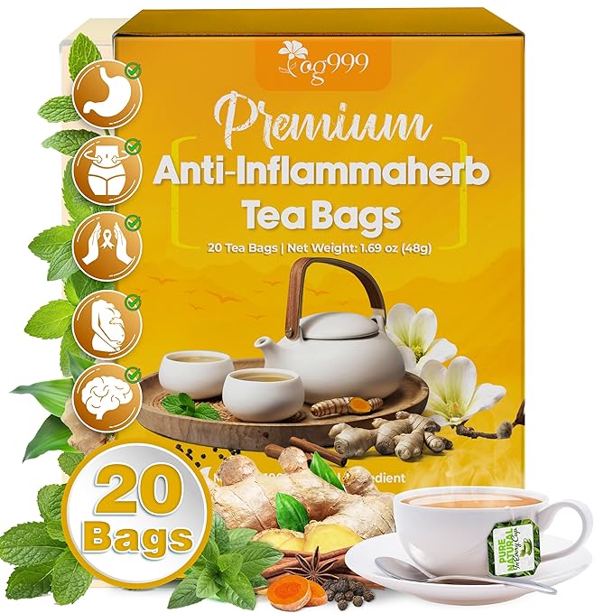 20 Tea Bags - Anti-Inflammaherb Loose Leaf Tea, 100% Natural from Ginger, Turmeric, Peppermint, Black Pepper, Cinnamon. No Sugar, No Caffeine, No Gluten, Vegan - Bloomnest