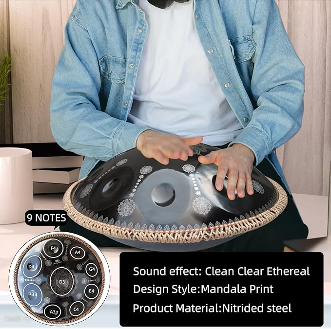 432HZ Handpan Set-Premium 22 Inches 9 Sounds D Minor Steel Hand Pan,Handpan Drum Instrument for Adults,Print Black - Bloomnest