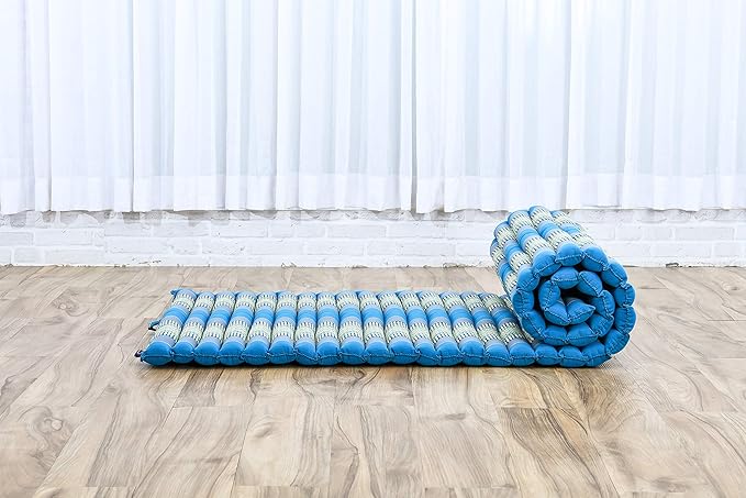 Leewadee - Foldable Floor Mattress - Japanese Roll Up Futon -Trifold Tatami Mat- Guest Floor Bed - Camping Mattress - Thai Massage Mat, Kapok Filled, 75 x 28 inches, Light Blue - Bloomnest
