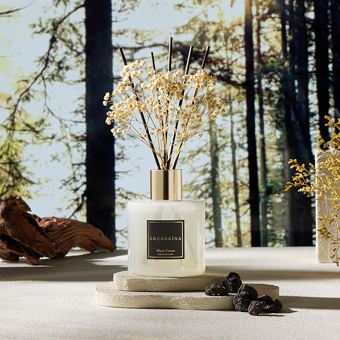 COCORRÍNA Reed Diffuser - Black Forest 17 Fl.oz Reed Diffuser with 8 Sticks Scented Diffuser with Preserved Flowers for Bathroom Home Decor - Bloomnest