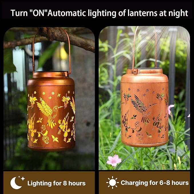 Hummingbird Solar Lanterns Outdoor Waterproof Hanging Solar Lights Metal Decor Lantern LED Light Christmas Decorative for Garden,Patio,Yard,Lawn,Backyard,Front,Porch as Gifts for Women Men - Bloomnest