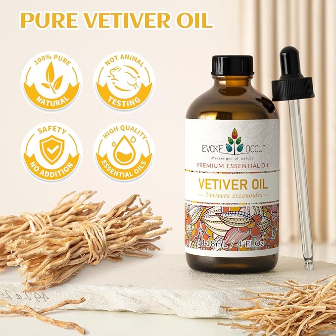 EVOKE OCCU Pure & Natural Vetiver Essential Oil for Skin, DIY, Candle and Soap Making - 4 Fl Oz - Bloomnest