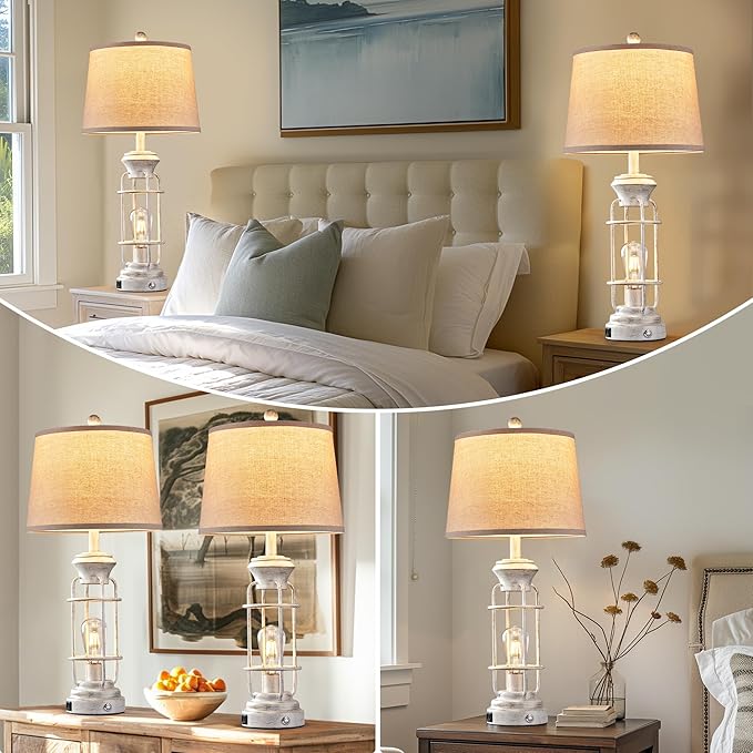 Farmhouse Lamps Set of 2, 28.5" Touch Lamps for Nightstand with USB C+A Ports, LED Bulbs Included - Bloomnest