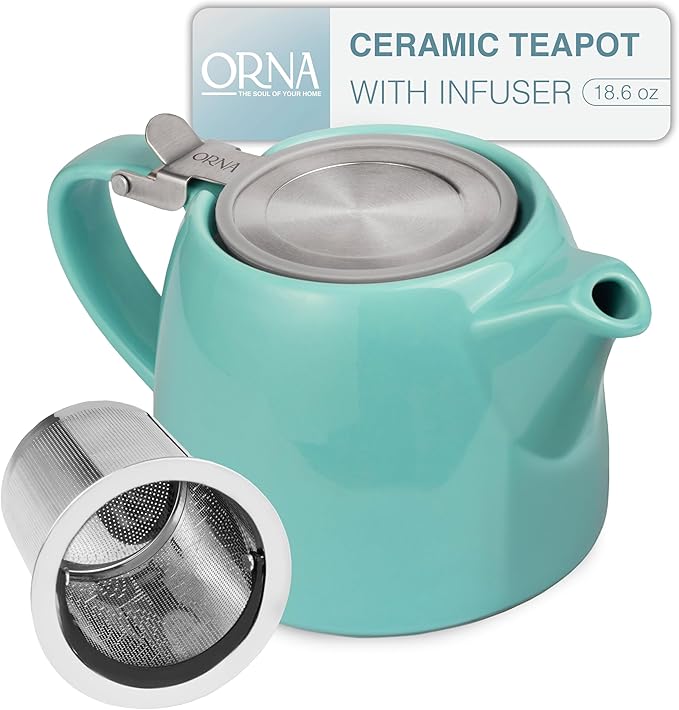 ORNA Ceramic Teapot with Tea Infuser – Small Tea Pot for Loose Leaf Tea – 550ml / 18.6 Oz Non-Stove Porcelain Teapot for 2 Cups with Tea Strainer (Turquoise) - Bloomnest
