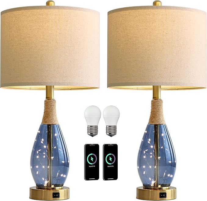 OYEARS 23" Table Lamps for Living Room Set of 2 Bedside Lamps for Night Stands Bedroom Lamps Farmhouse Rattan Boho Lamp Glass Nightlight End Table Lamp with USB C+A (Blue),Two Light Points - Bloomnest